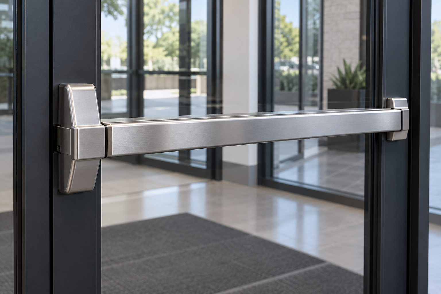 Stainless steel push-bar exit hardware on a commercial glass door