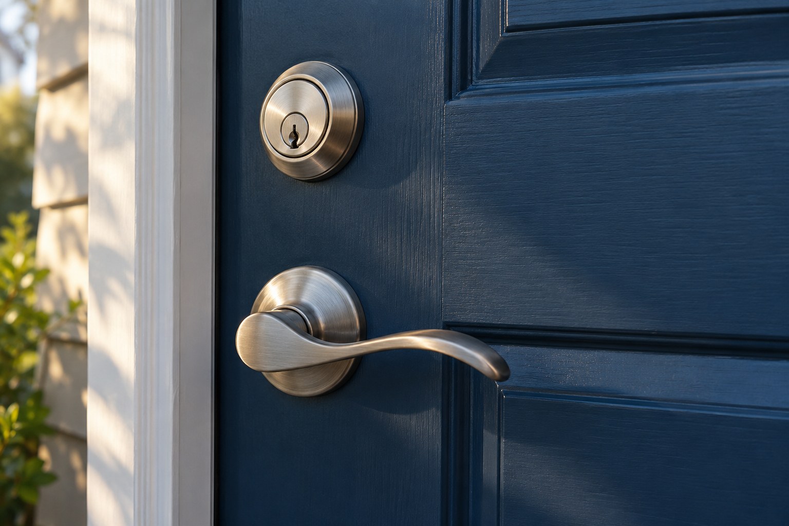 Satin nickel deadbolt and handle on a residential front door